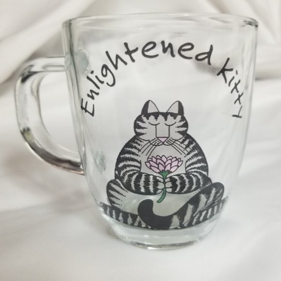 🐾Enlightened Kitty Kliban Styled Clear Glass Mug 8oz | Whimsical Cat Mu - Picture 1 of 6
